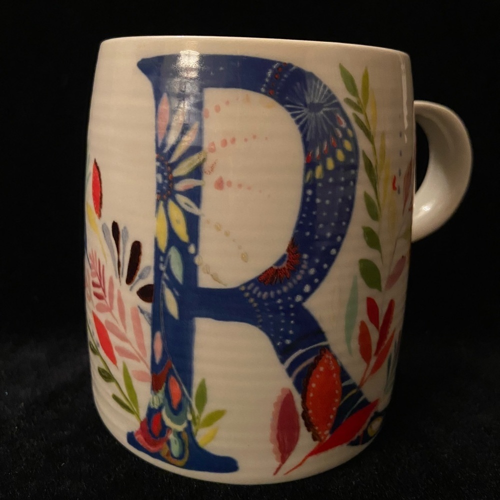 🖤 Anthropologie Starla M Halfmann Petal Palette Mug Letter R Initial Flowers